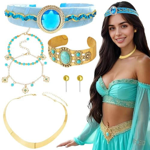 BACH AND BOUJEE 6pcs princesse costume accessoires arabes bandeau princesse couronne collier ras de cou boucles d'oreilles femmes filles pour halloween cosplay costume