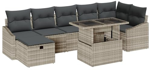 vidaXL Garten-Sofa-Set mit Kissen 8 pcs Hellgrau Poly Rattan, Garten und Terrasse, modernes modulares Sofaset, höhenverstellbar, geflochtene Lounge, Outdoor-Sitzmöbel