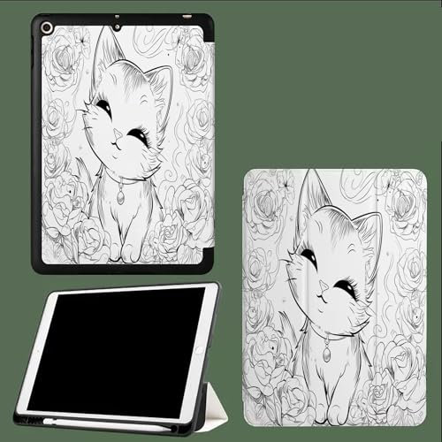 Funda para iPad 11ª Gen 2025 (A16) de 11 Pulgadas, Visión multiángulo con portalápices, Reposo/Encendido automático Gato Kawaii Dibujos Animados Animales - Blanco
