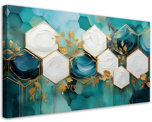 Feeby Wandbilder - Bilder Schlafzimmer - Sechseck Abstraktion Türkis - 100x50 1tlg - Wohnzimmer Bild Groß - Wohnungs - Foto Geschenk - Leinwand Wall Art - Wand Deko
