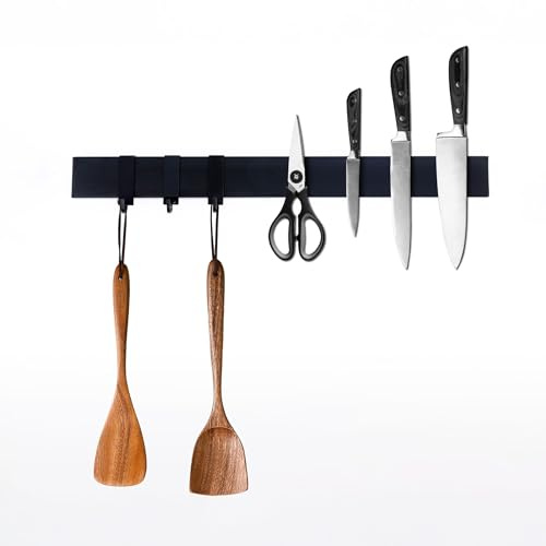 CHEFGASTRO Magnetleiste magnetische Messerleiste Messerhalter aus Metall, 4x40x1,5cm, mit 3 schwarzen Haken, Schwarz, extra stark magnetischer Messerstreifen, Messerblock, zum Kleben oder Schrauben