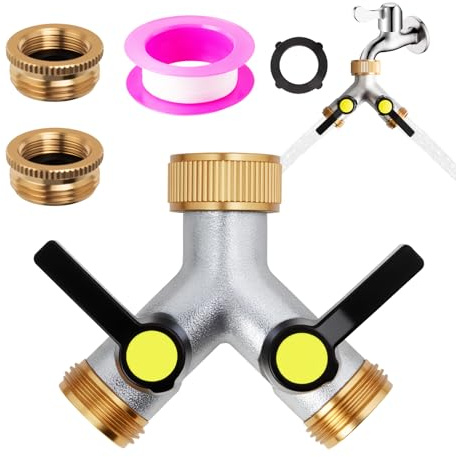 ilauke 2 Wege Wasserverteiler 3/4 Zoll, Y-Verteiler für Gartenschlauch | Massiver Metall-Splitter mit Regulierbaren Ventilen, 1/2 Zoll Adapter & Dichtband für Garten, Waschmaschine & Spülmaschine