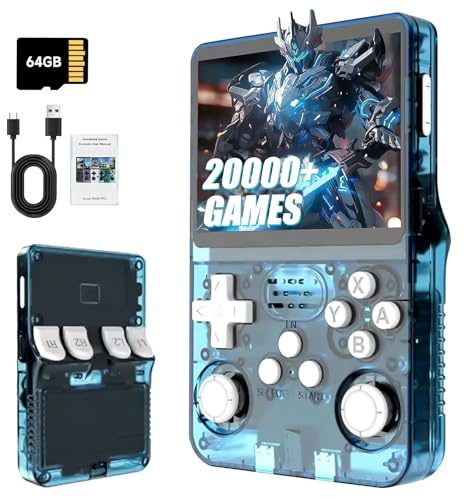 R36S Retro Handheld Games Console, 20,000+ Classic Games Portable Pocket Video Player with 3.5 Inch HD Screen, 64G TF Card, Open Source Linux System Screen for Teens and Adults (Lake Blue 64G)