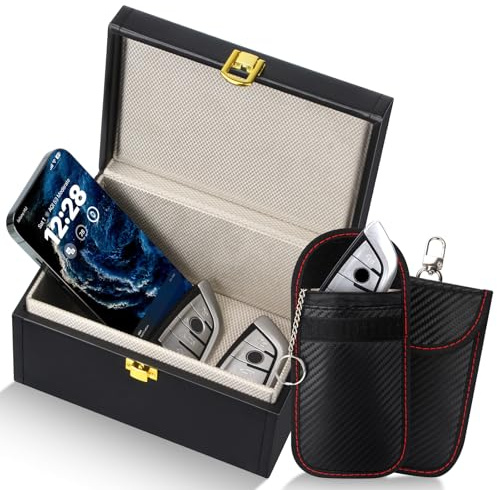 Bryze Faraday Box and Pouch 2 Pack, Car Key Signal Blocker for Keyless Entry, Anti-Theft Case with Dual-Layer RF Shield, Multi-Use Organiser for 6–8 Keys & Portable Faraday Bags
