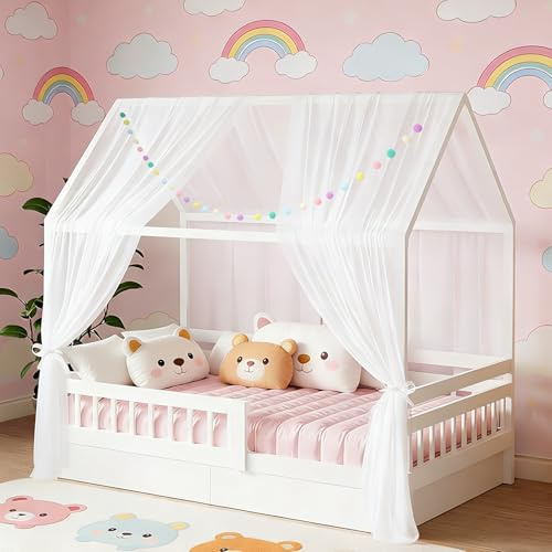 DOINEUFL 2 Stück Hausbett Himmel für Kinderbett, 160x350cm mit Farbiger Pompon-Girlande & Befestigungsbändern, leichte atmungsaktive Stoffvorhänge für Hausbett Deko, Mückenschutz (Weiß)