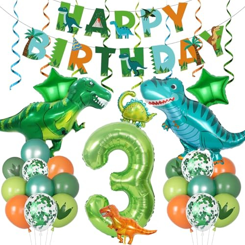 Mavouri Dino Geburtstagsdeko 3 Jahre Junge mit Happy Birthday Girlande, Dino Geburtstag Deko 3 Jahre, Dinosaurier Ballon 3 Geburtstage Jungen, Dinosaurier Luftballon 3. Geburtstag Jungen Mädchen
