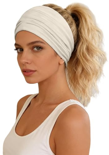 2026-Breites, elastisches Sport-Stirnband, einfarbig, Yoga-Stirnband, schweißabsorbierend, Haarband für Workouts und (Beige, One Size)