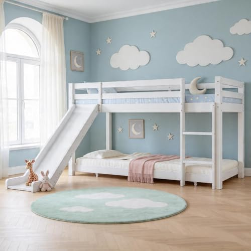 Su & Chan Legence Bunk Bed with Adjustable Slide and Ladder, Wooden Cabin Bed with Adjustable Lower Bed, Kids Bed Frame with Slats and Guardrail, No Mattress, 190x90 + 200x90cm, White