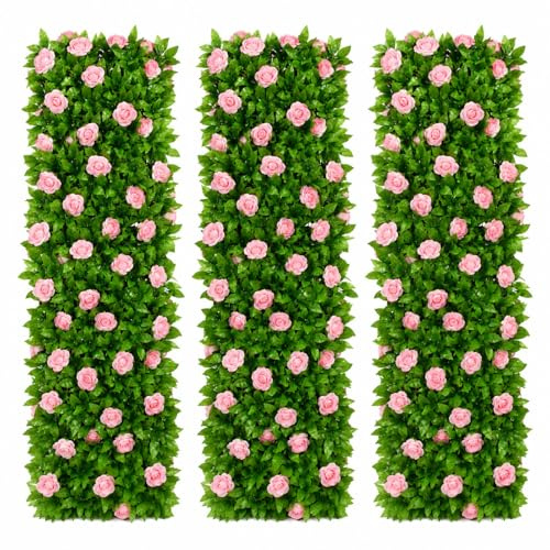 Garden Trellis with Leaves, Expanding Garden Trellis Panels, Artificial Trellis Screening with Ivy and Violet Flower, Artificial Ivy and Violet Flower Fence Screening (Roses*3)