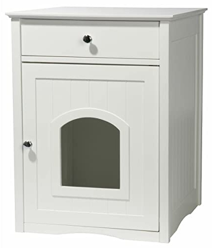 dobar® 35273 Katzenschrank Mohrle - Katzenhöhle aus Massivholz - Katzenhaus mit Schublade für Katzenklo - Katzenmöbel für Katzentoiletten - Katzenkommode - 52 x 48 x 63 cm - Weiß