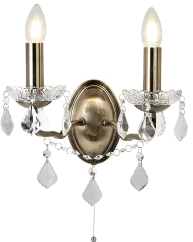 Searchlight Paris - 2 Licht Innenkerze Wandleuchte Antik Messing, Klar mit Kristallglas, E14