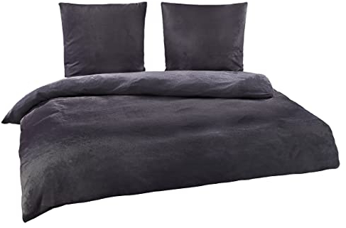 BaSaTex Winter Bettwäsche Cashmere Touch 100% Microfaser Uni und Uni Wende in 4 Größen und 8 Farben, 200x220 2X 80x80 cm Anthrazit