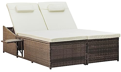 Outsunny Double Rattan Sun Lounger, Garden Daybed with 5-Level Adjustable Backrest and Flip Side Trays, Wicker Outdoor Furniture Recliner with Cushions and Pillows for Patio, Cream White