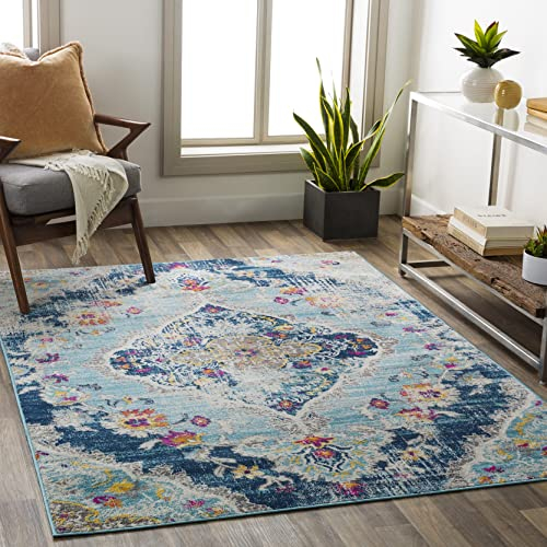 Livabliss Palma Vintage Teppich groß - Teppich Wohnzimmer 160x216 cm, Esszimmer, Schlafzimmer - Orientalischer Teppich Boho Style - Carpet Living Room, Bunter Muster, Blau, Fuchsie, Senfgelb, Orange