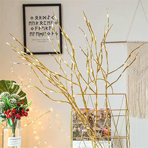 Wankd LED Lampe Zweig, 2 Stück 20 LEDs Lichter Zweige Warmweiß Dekozweige LED Lampe Batteriebetrieben Dekorative Lichter Für Home Room Decor (Gold)