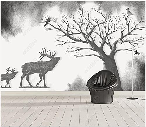 Wesmilewallpaper Papier Peint Panoramique 3D Élan De Grand Arbre Forêt Rétro Noir Et Blanc Tapisserie Murales Papiers Peints Intissé Poster Mural 430X300Cm