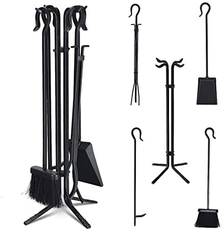 TANGZON 5 Piece Fireplace Companion Set, Wrought Iron Fire Tools with Tong, Shovel, Brush & Poker, Indoor Outdoor Fireside Accessories Kit (4 Hooks, Black)