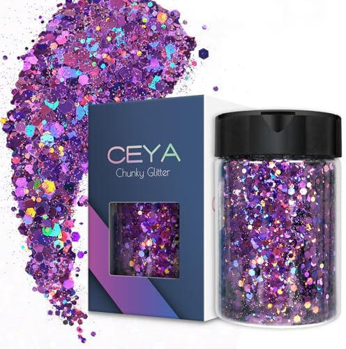 Ceya Glitter grosso olografico, 140 g, polvere di glitter viola misti, fiocchi grossi e fini, paillettes iridescenti, per nail art, capelli, resina epossidica, bicchieri, melma, pittura, decorazioni