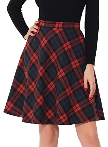 Allegra K Damen Plaid Hohe Elastische Taille Knielang Kariert A-Linie Rock, rot, 46