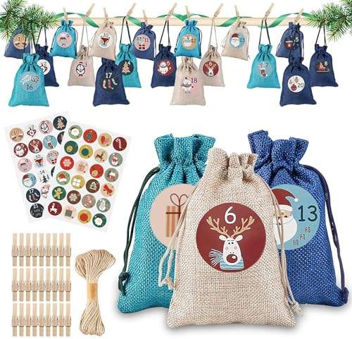 Carehabi - 24 calendriers de l'Avent à remplir, sacs en tissu, calendrier de Noël (24 sacs en tissu, 48 autocollants chiffres de l'Avent, 24 pinces en bois, 10 m de corde de chanvre) Lin/Vert/Bleu