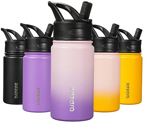 BJPKPK Kinder-Wasserflasche mit Strohhalm-Deckel, 425 ml, Edelstahl-Wasserflaschen, isolierte Wasserflasche für Schule, wiederverwendbar, auslaufsicher, BPA-frei, Violett