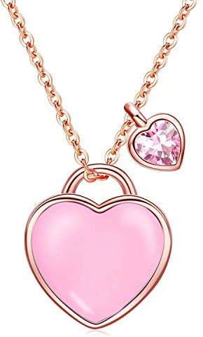 Qings October Birthstone Opal Necklace - Rose Gold Sterling Silver Double Heart Pendant Tourmaline Cobblestone Pink Heart-shaped CZ Dainty Love You Forever Adjustable Birthdays Gifts for Daughter