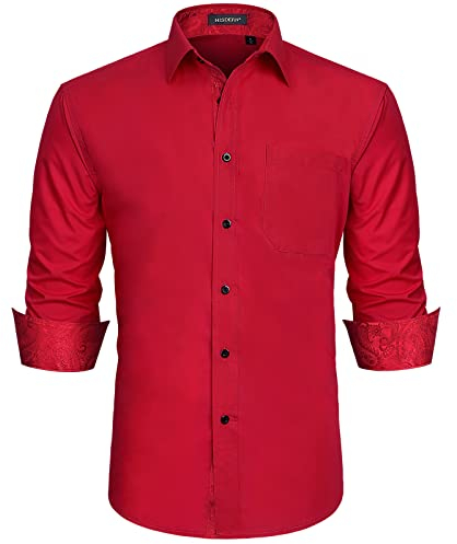 HISDERN Herren Rotes Businesshemd Formelle Langarm-Knopfleiste Braune Paisley-Arbeit Mode Eleganter Blumenkragen Regular Fit Burgunder Hemd L