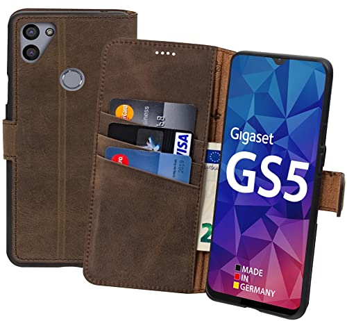 Suncase Book-Style Hülle kompatibel mit Gigaset GS5 Leder Tasche (Slim-Fit) Lederhülle Handytasche Schutzhülle Case mit 3 Kartenfächer in antik-braun