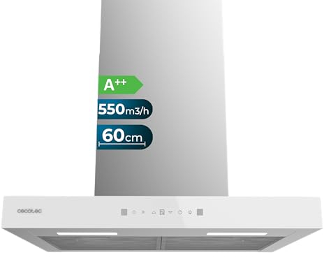 Cecotec Campana Extractora 60 cm Tipo T Bolero Flux TT 605500 Glass White A++. 70W, Frontal Cristal Blanco, Bajo Consumo, Succión 550m3/h, Control Táctil, 3 Niveles, Booster, Luz LED, Filtro Carbono