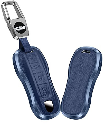 KUNIO Coque de clé Compatible avec Porsche 911 971 9YA Macan Panamera Boxster Taycan Cayenne Carrera en Alliage d'aluminium en Cuir pour clé de Voiture 3 Boutons Bleu