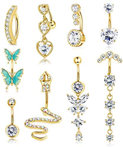 YADOCA 9 Stück 14G Bauchnabelpiercings Chirurgenstahl für Damen Mädchen Langer Anhänger Bauch Piercing Cubic Zirkonia Herz Schlange Schmetterling Bauchnabelpiercings Schmuck Set Gold