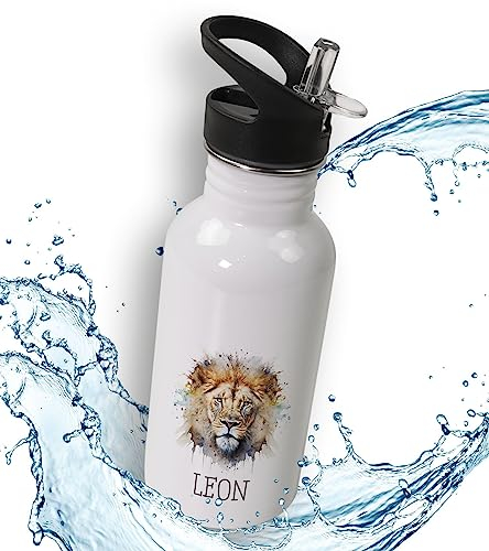 timalo® Trinkflasche für Kinder personalisiert mit Namen | auslaufsichere Edelstahl Sportflasche Kindergarten Geschenk für Jungen und Mädchen 600mL | Löwe