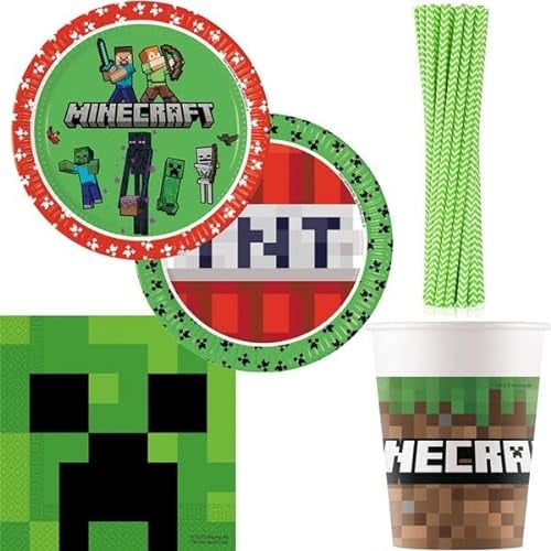 Playflip Vaisselle de fête Minecraft - Assiettes, gobelets, serviettes - Accessoires de fête pour enfants