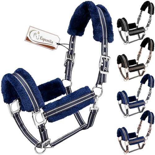 Esposita Halfter Champion Edition Stallhalfter Fellhalfter Flauschhalfter weich unterlegt mit Kunstfell flauschig (Cob/VB, Navy/Silber)