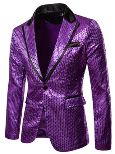 Pulcykp Blazer da smoking con paillettes lucide da uomo, con un bottone, giacca per Halloween, palcoscenico, discoteca, Viola, XXL