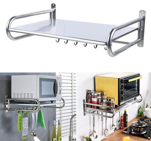 KEESUNG Mikrowellenhalter, Edelstahl Mikrowelle Halterung Wandmontierte Mikrowellenhalter mit 6 Häkchen, Silber Küchen Rechteckig Mikrowellenhalterung für Küche, Mikrowelle, Arbeitsplatte