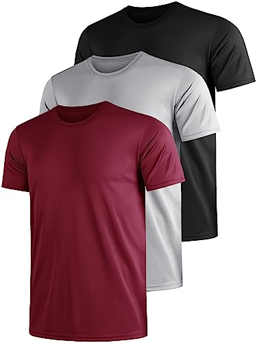 Funktionsshirt Herren Sport T Shirt Kurzarm 3er Pack Atmungsaktiv Männer Tshirt Sportkleidung Workout Schnelltrocknend Sportshirt Funktion Training Laufshirt Schwarz Grau Rot(3XL)
