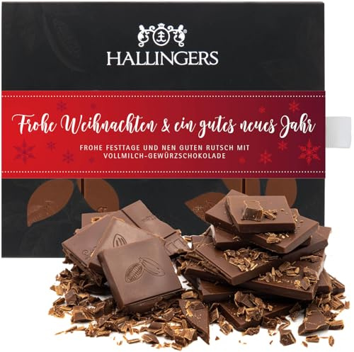Hallingers Genuss Manufaktur Schokolade Weihnachts-Geschenk - Tafel handgeschöpften Edelkakaos ohne Alkohol edler Karton Frohe Weihnacht... Xmas-Gewürze, Weihnachten für Frauen Männer