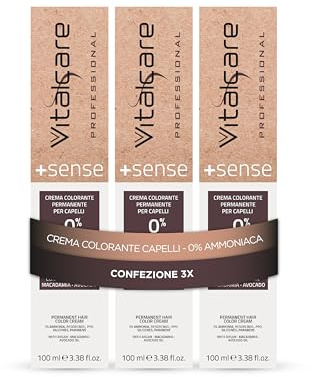 Vitalcare | +Sense – Professionelle permanente Haarfarbe, Creme-Haarfarbe ohne Ammoniak, Resorcin, PPD, Silikone – mit Argan-, Macadamia- und Avocadoölen, 3/00 Dunkelbraun, 3 x 100 ml