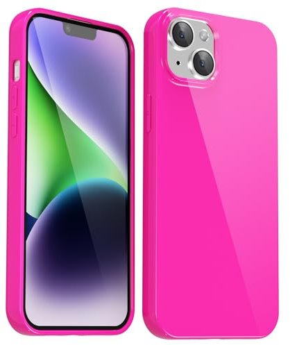 Svanove for iPhone 13/ iPhone 14 Case Silicone, Glossy Soft Rubber Gel Jelly Cute Protective Plastic Simple Plain Phone Case Cover for Women Girl, Slim Thin Flexible Shockproof TPU, Neon Hot Pink