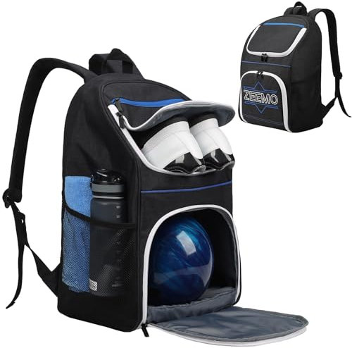 ZEEMO Bowling-Rucksack, einzelne Balltasche mit schützender Schaumstoffhalterung und Fach für Schuhe bis US Herrengröße 10,5, atmungsaktive Tasche für Zubehör, Schwarz