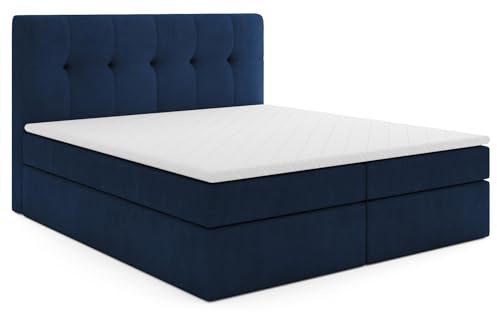 MRGROUP Boxspringbett mit Bettkasten PATRYCJA 120 x 200 cm, Samtstoff, Polsterbett mit Bonell-Matratze und Topper, Doppelbett mit Stauraum, Bett für Schlafzimmer, Gepolstertes Kopfteil, H3, dunkelblau