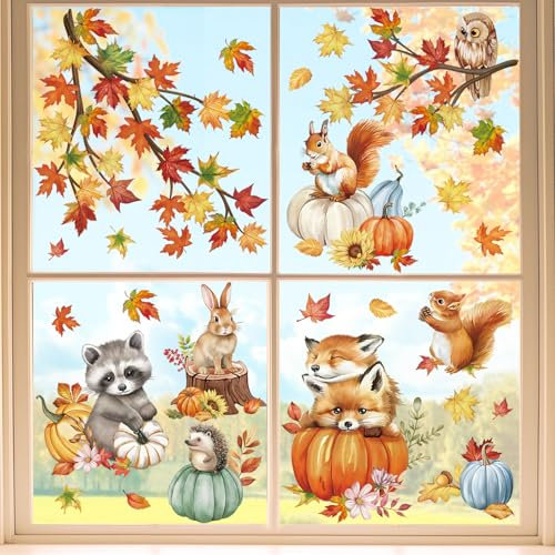 wondever Fenstersticker Waldtiere Ahornblätter Fenster Aufkleber Herbst Blätter Fuchs Eichhörnchen Fensterbilder Fensteraufkleber Anti-Kollision Doppelseitig Glasaufkleber Glas Deko