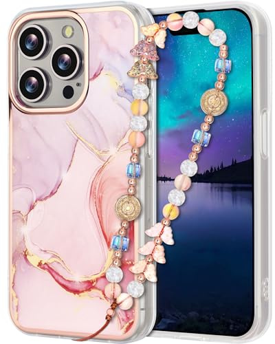 Coque effet marbre pour iPhone Max pour femmes et filles, coque de téléphone fine, rose, jolie coque de téléphone pour iPhone Max, avec cordon perlé, dragonne, coque rigide antichoc de 17 cm