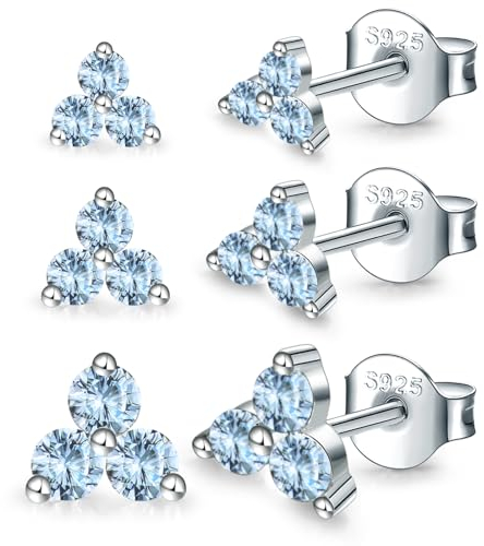MASOP Ohrstecker Silber 925 Set, 3 Paar Klein AAA Hellblau Zirkonia Stein Aquamarin Ohrringe Stecker 3/4/5mm Schmuck Geschenke für Frauen Damen Mädchen