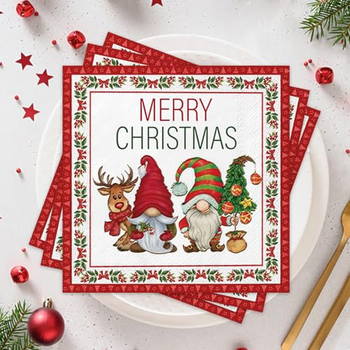 Wentsent Servietten Weihnachten Rot, 40 Stück Weihnachtsservietten mit Wichtel Weihnachtsbaum Rentier Motiv 3-lagig Weihnachts Servietten Tischdeko für Winter Silvester Feiertag Serviettentechnik
