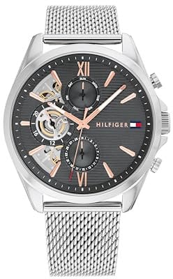Tommy Hilfiger Multi Zifferblatt Quarz Uhr für Herren mit Silbernes Edelstahl-Mesh-Gliederarmband und Lederarmband