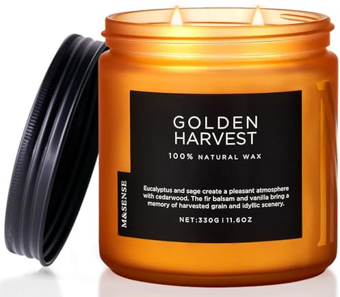 M&SENSE Eukalyptus & Fichtenbalsam Duftkerze 330g natürliche Sojawachskerze 70 Std. starkduftende Kerze 2 Baumwolldochte Kerzengeschenk für Geburtstag und Feiertage Golden Harvest Scented Candle