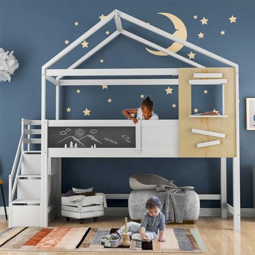 BKDWSK Letto a Castello con Materasso Singolo 90 * 200cm, Forma della Casa, Letto a Soppalco con Scale e 3 cassetti, Letto a Castello Singolo per Adolescenti e Bambini