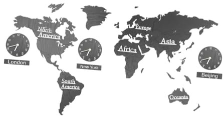 PRETYZOOM Orologio Da Parete Mappa Del Mondo Moderno Decorativo Nero Legno Senza Batterie Design Multifunzione Con Fusi Orari Per Camera Da Letto Ufficio e Soggiorno Facile Da Installare e r